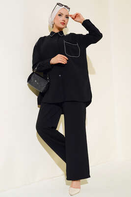 Pazarium - Taş Şerit Detaylı İkili Takım Siyah