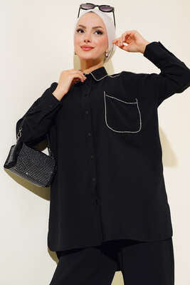 Taş Şerit Detaylı İkili Takım Siyah - Thumbnail