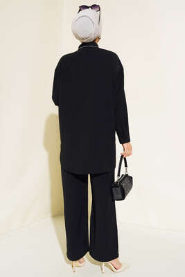 Taş Şerit Detaylı İkili Takım Siyah - Thumbnail