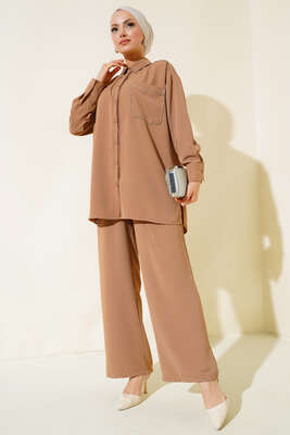 Taş Şerit Detaylı İkili Takım Camel - Thumbnail