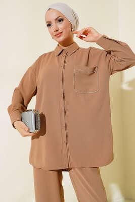 Taş Şerit Detaylı İkili Takım Camel - Thumbnail