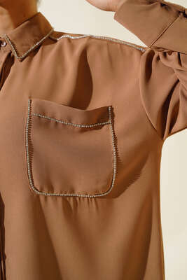 Taş Şerit Detaylı İkili Takım Camel - Thumbnail