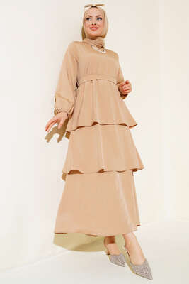 Pazarium - Dökümlü Kat Kat Elbise Latte