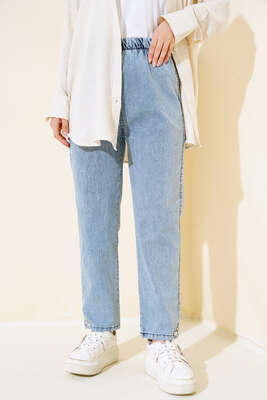 Bel Lastikli Paça Taşlı Kot Pantolon Kot - Thumbnail