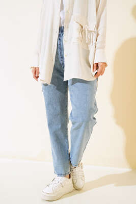 Bel Lastikli Paça Taşlı Kot Pantolon Kot - Thumbnail