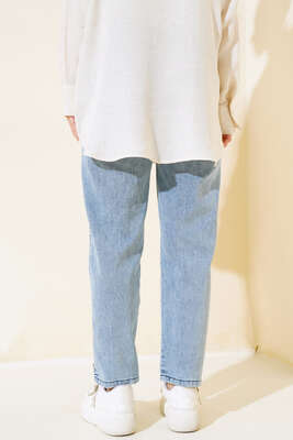 Bel Lastikli Paça Taşlı Kot Pantolon Kot - Thumbnail