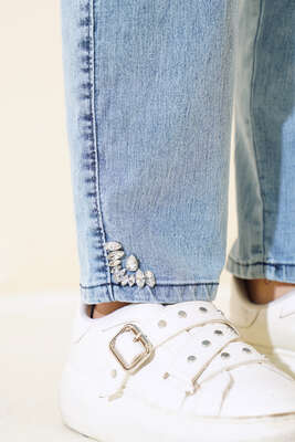 Bel Lastikli Paça Taşlı Kot Pantolon Kot - Thumbnail