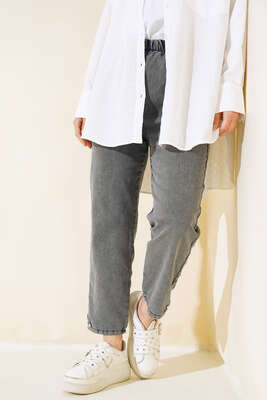 Bel Lastikli Paça Taşlı Kot Pantolon Füme - Thumbnail