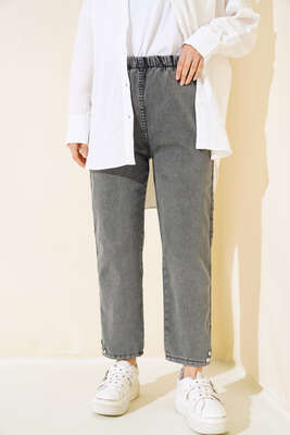 Bel Lastikli Paça Taşlı Kot Pantolon Füme - Thumbnail