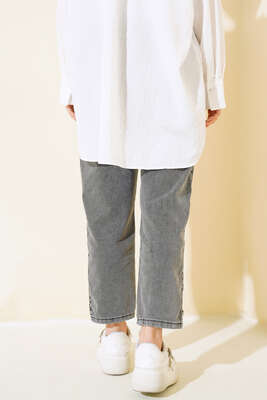 Bel Lastikli Paça Taşlı Kot Pantolon Füme - Thumbnail