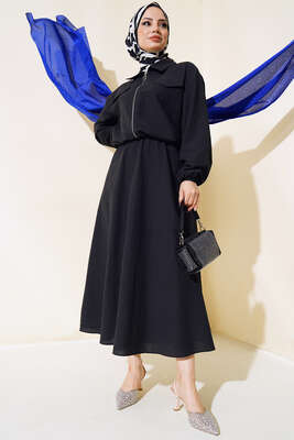 Pazarium - Kol Bilekleri Lastikli Etekli Takım Siyah