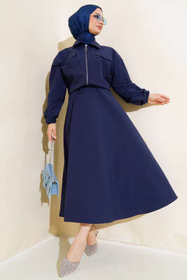 Pazarium - Kol Bilekleri Lastikli Etekli Takım Lacivert