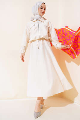 Pazarium - Kol Bilekleri Lastikli Etekli Takım Bej