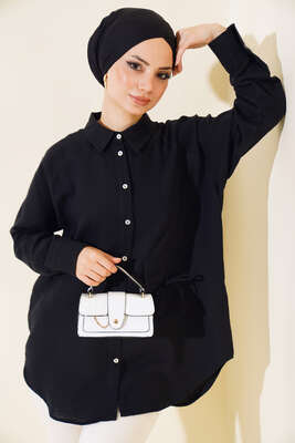 Cep Kapak Bağcıklı Gömlek Siyah - Thumbnail