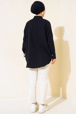 Cep Kapak Bağcıklı Gömlek Siyah - Thumbnail