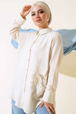 Pazarium - Cep Kapak Bağcıklı Gömlek Bej