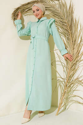 Pazarium - Omuzları Fırfırlı Keten Elbise Mint