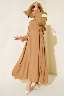 Bel Bağcıklı Elbise Latte - Thumbnail