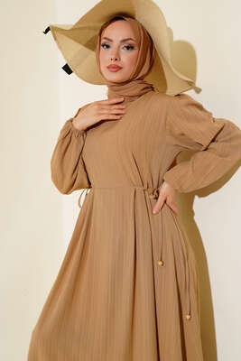 Bel Bağcıklı Elbise Latte - Thumbnail