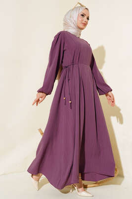 Bel Bağcıklı Elbise Mürdüm - Thumbnail