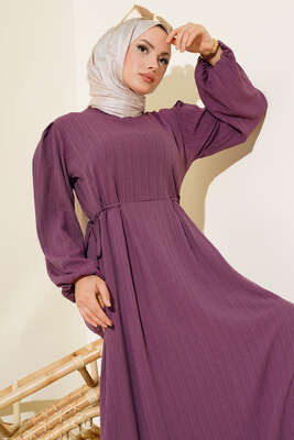 Bel Bağcıklı Elbise Mürdüm - Thumbnail