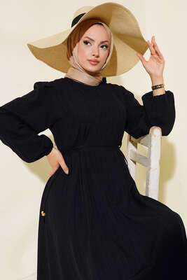 Bel Bağcıklı Elbise Siyah - Thumbnail