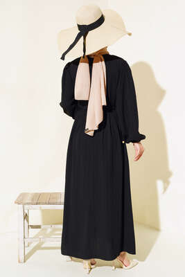 Bel Bağcıklı Elbise Siyah - Thumbnail