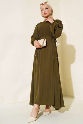 Bel Bağcıklı Elbise Haki - Thumbnail