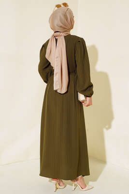 Bel Bağcıklı Elbise Haki - Thumbnail