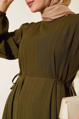 Bel Bağcıklı Elbise Haki - Thumbnail