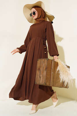 Bel Bağcıklı Elbise Kahve - Thumbnail