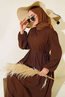 Bel Bağcıklı Elbise Kahve - Thumbnail