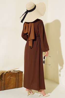 Bel Bağcıklı Elbise Kahve - Thumbnail