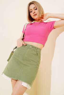 Gabardin Mini Etek Haki - Thumbnail