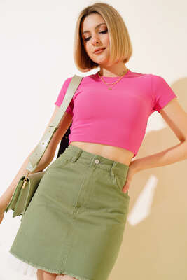 Fitilli Triko Crop Fuşya - Thumbnail