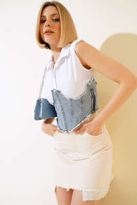 Pazarium - Kot Garnili Vatkalı Crop Çizgili