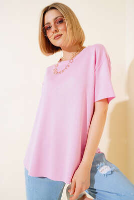 Oval Kesim T-shirt Pembe - Thumbnail