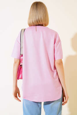 Oval Kesim T-shirt Pembe - Thumbnail