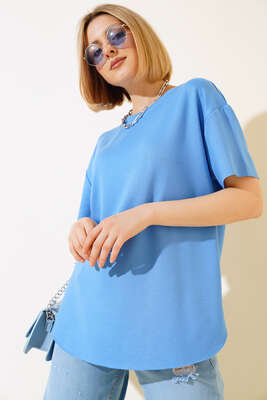 Pazarium - Oval Kesim T-shirt Mavi