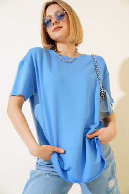 Oval Kesim T-shirt Mavi - Thumbnail