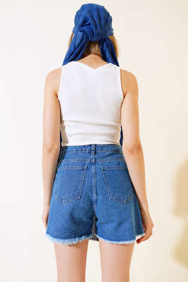 Paça Püsküllü Kot Şort Etek Mavi - Thumbnail