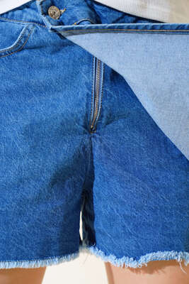 Paça Püsküllü Kot Şort Etek Mavi - Thumbnail