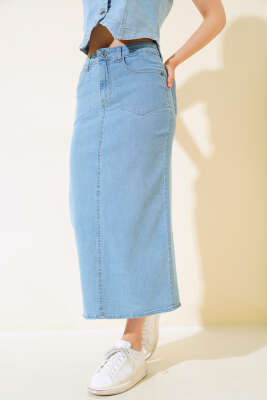 Arkası Yırtmaçlı Kot Etek Açık Mavi - Thumbnail