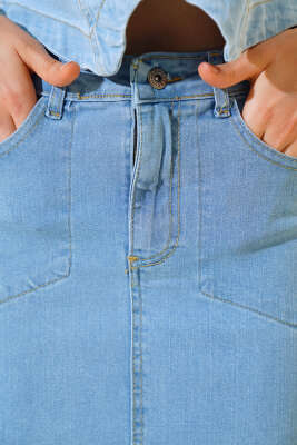 Arkası Yırtmaçlı Kot Etek Açık Mavi - Thumbnail