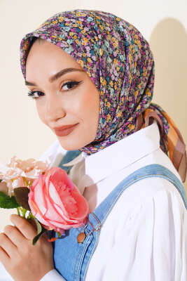 Çiçek Desen Elegance Eşarp Vizon - Thumbnail