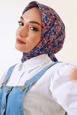 Çiçek Desen Elegance Eşarp Saks - Thumbnail