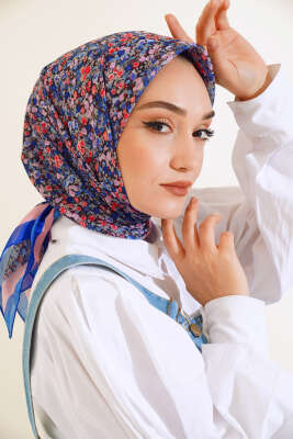 Çiçek Desen Elegance Eşarp Saks - Thumbnail