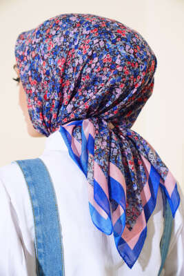 Çiçek Desen Elegance Eşarp Saks - Thumbnail