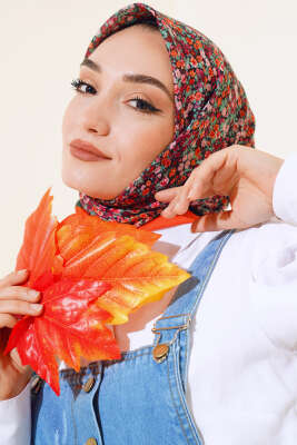 Çiçek Desen Elegance Eşarp Oranj - Thumbnail