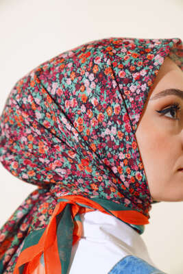 Çiçek Desen Elegance Eşarp Oranj - Thumbnail